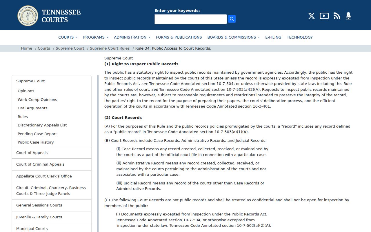 Warren County court-record access reference, Tennessee Supreme Court Rule 34