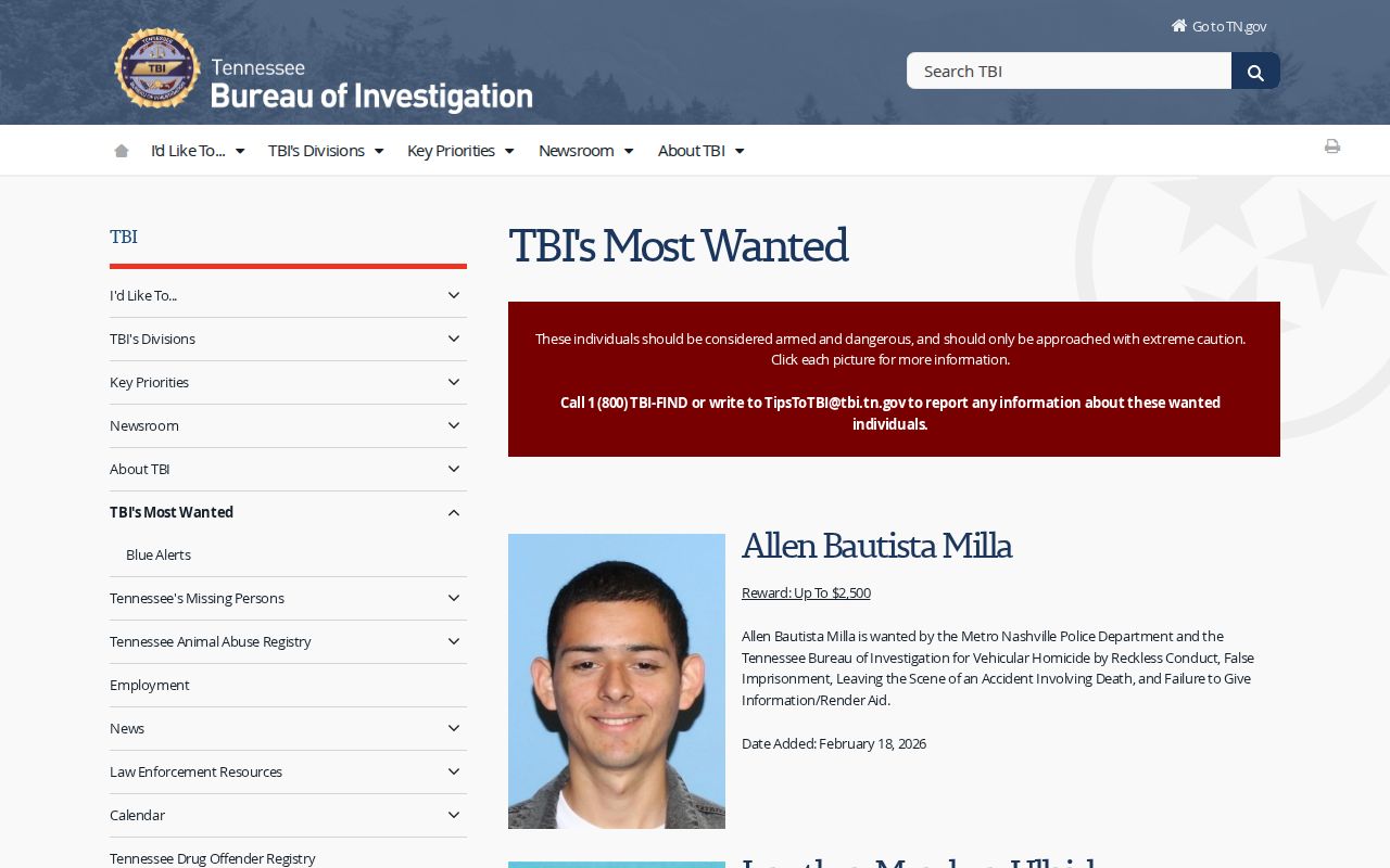 Warren County Most Wanted reference, TBI statewide program title and criteria page