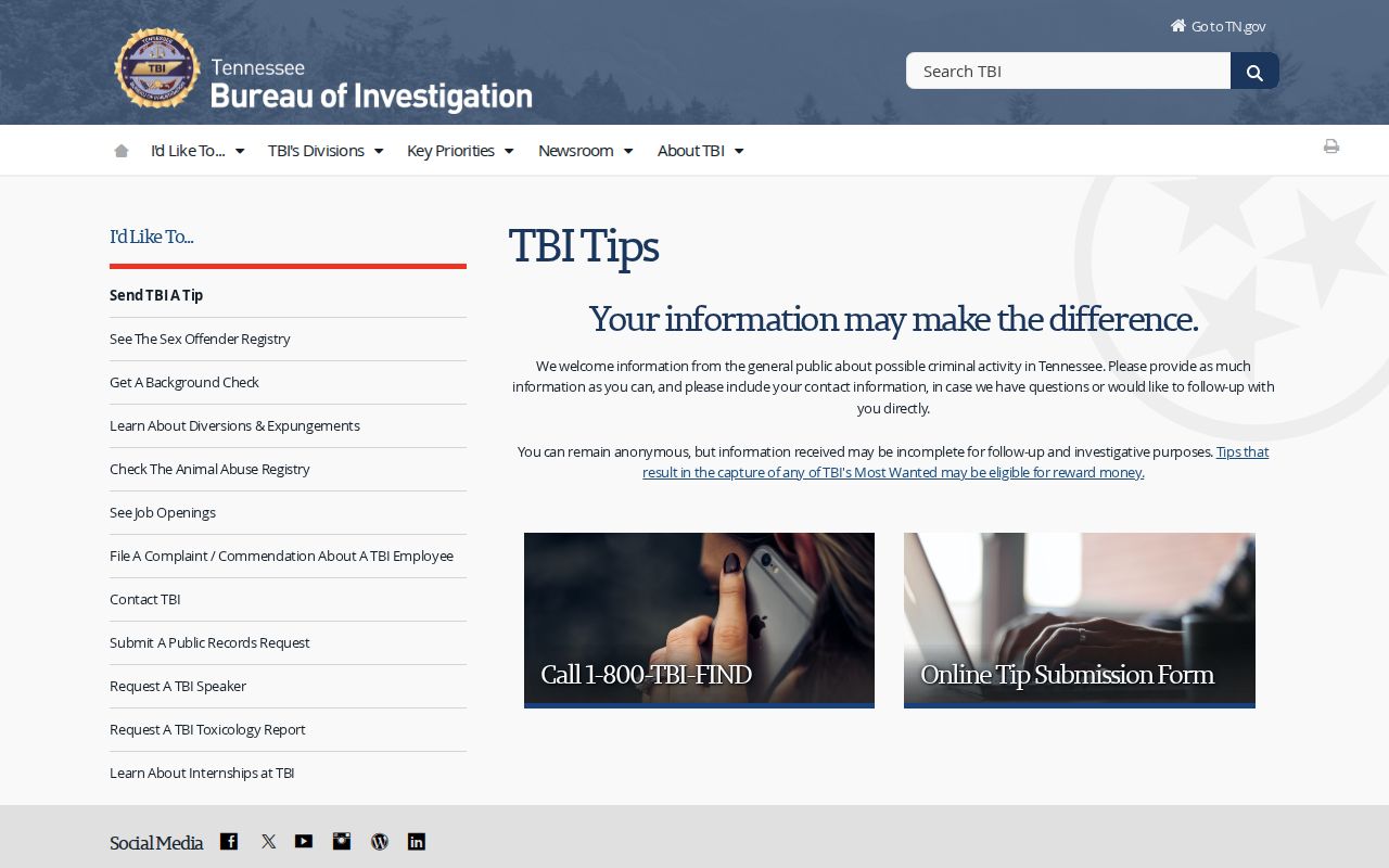 Warren County Most Wanted tip reference, official Tennessee Bureau of Investigation tip channels