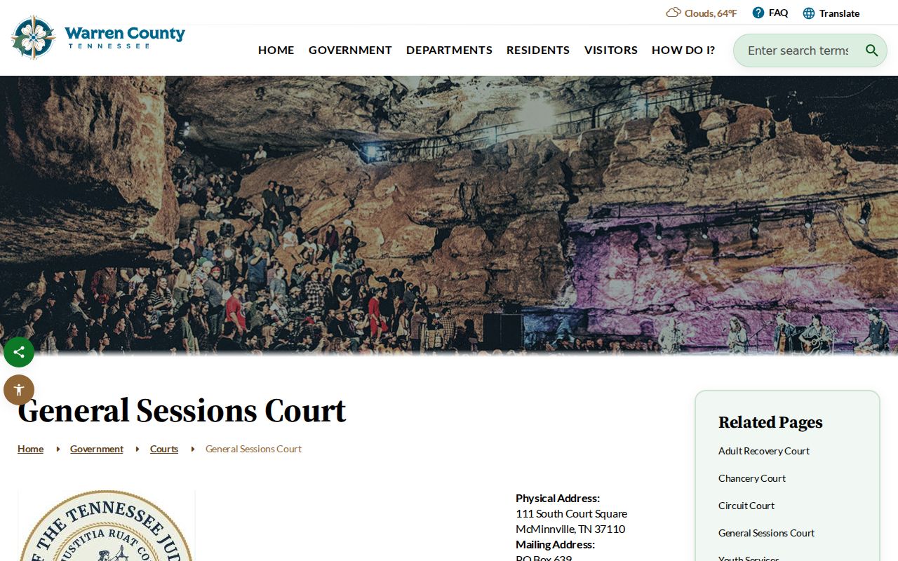 Warren County bench warrant context, General Sessions jurisdiction and weekly court schedule